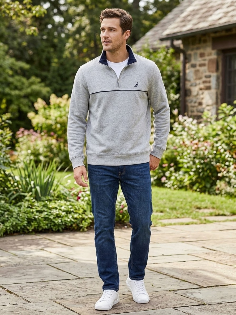 Náutica Grey Quarter-Zip Pullover Sweater with Contrast Trim. Size L
